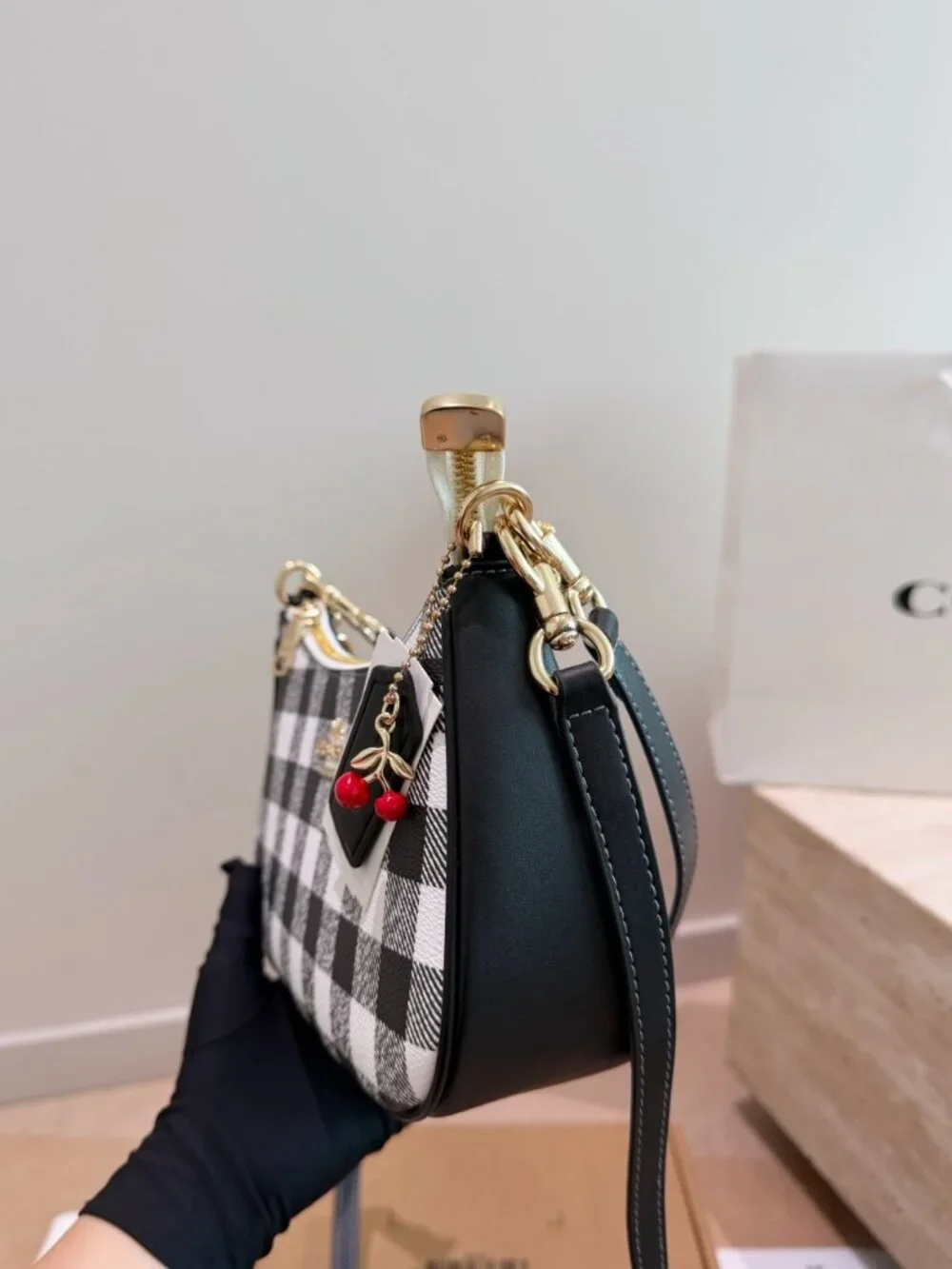 coach Emily Shoulder Bag With Gingham Print And Charm